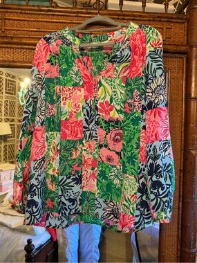 Lilly Pulitzer Elsa Silk Blouse in Multi Party Punch Patch, XL